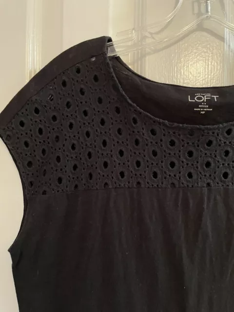 Ann Taylor LOFT BLACK DOTTED EYELET Crochet LACE YOKE TOP T Shirt MP