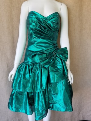 80's GUNNE SAX Jessica McCLINTOCK green lame Womens Vintage dress strapless S