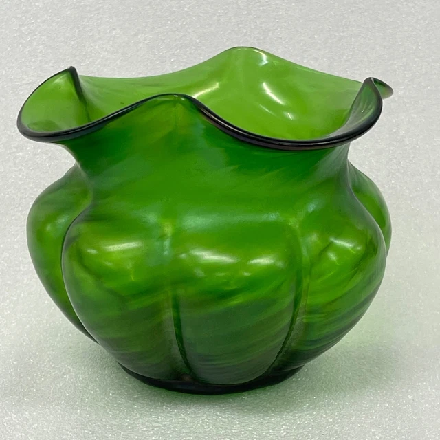 GREEN IRIDESCENT GLASS Loetz style rose flower bowl vase VINTAGE £24.00