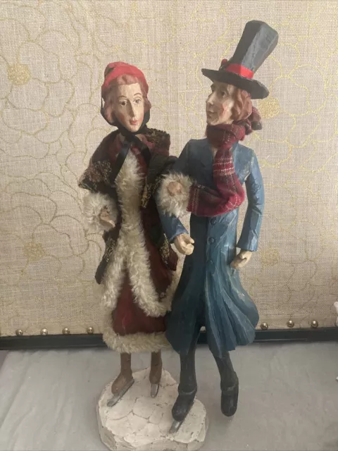 Wooden Hand Painted Hand Carved Couple Walking Christmas Skies-19” T
