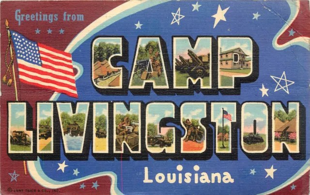 Large Letter Linen Greeting Postcard Camp Livingston Louisiana Curt Teich WWII