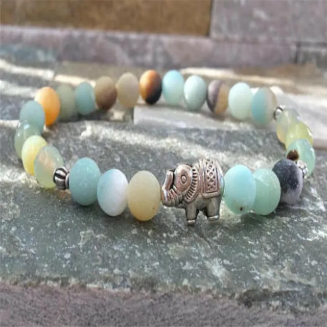 6mm Amazonite Gemstone beads Mala bracelet Silver elephant Chakras Unisex Bless