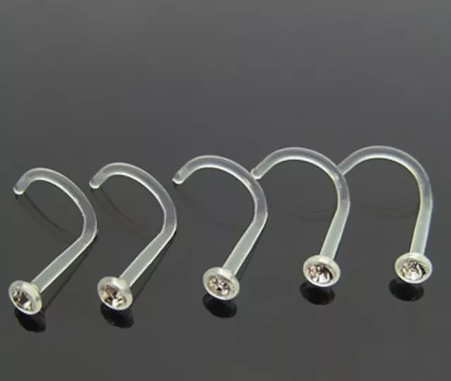 5 pc lot 20g CLEAR BIOPLAST NOSE STUDS NOSE RINGS SPIRALS 2mm CZ