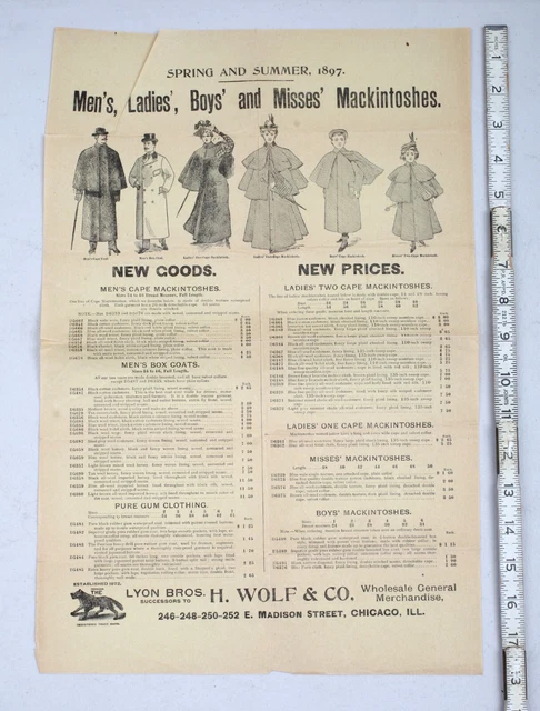 1897 Lyon Bros. H. Wolf & Co. Flyer / Poster Mens Ladies Capes Mackintoshes