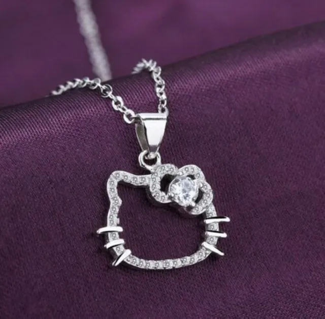 2Ct Round Cut Simulated Diamond Hello Kitty Cat Pendant Necklace Sterling Silver