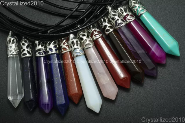 Natural Gemstones Long Hexagonal Pointed Reiki Chakra Pendant Leather Necklace