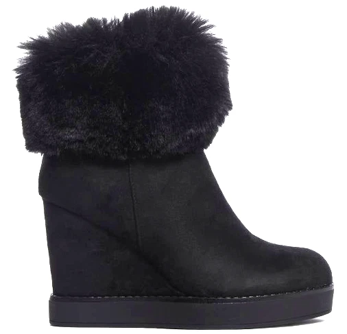 WOMENS WEDGE BOOTS Winter Fur Platform Ladies Ankle Boots Zip