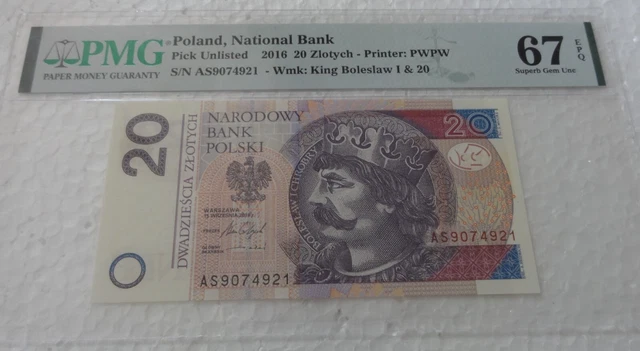 Poland Banknote - 2016 - 20 Zlotych - pUnlisted - PMG Graded Superb Gem Unc. EPQ