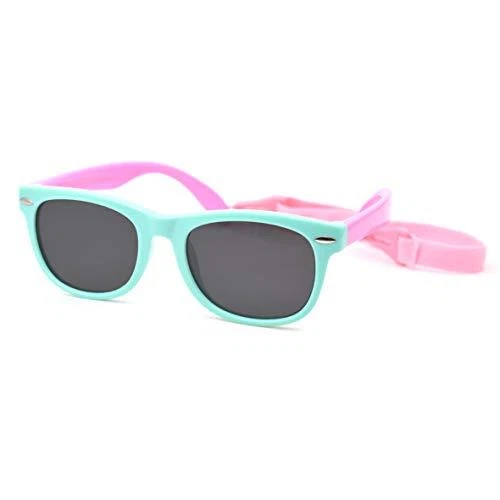 Flexible Baby Sunglasses For Toddler, Infant, Strap Age 0-4 (Green-Pink)