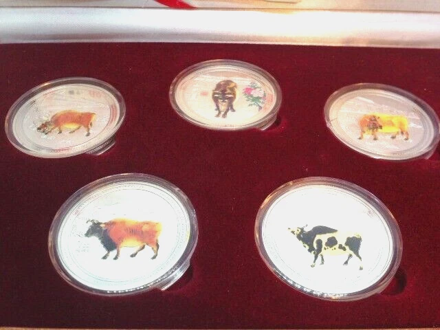 Chinese Lunar Zodiac 5 Coin Set Year of the OX Beautiful Painted w/Display Box