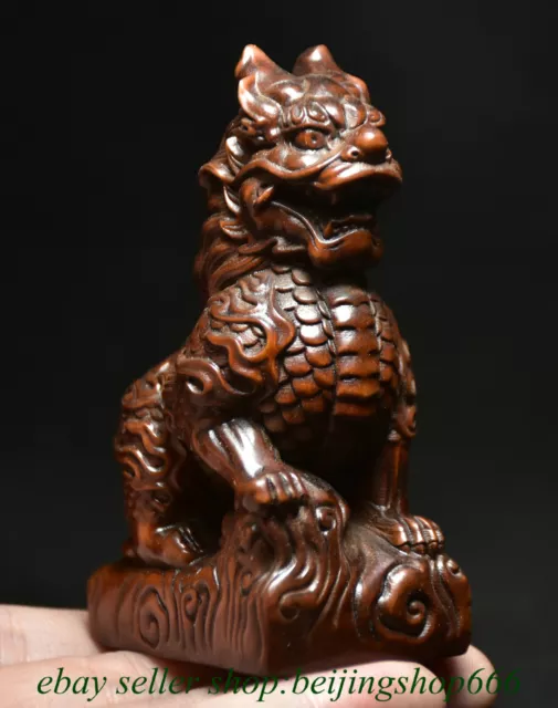 3.2" Chinese Boxwood Wood Carving Fengshui God Beast Qilin Kylin Statue