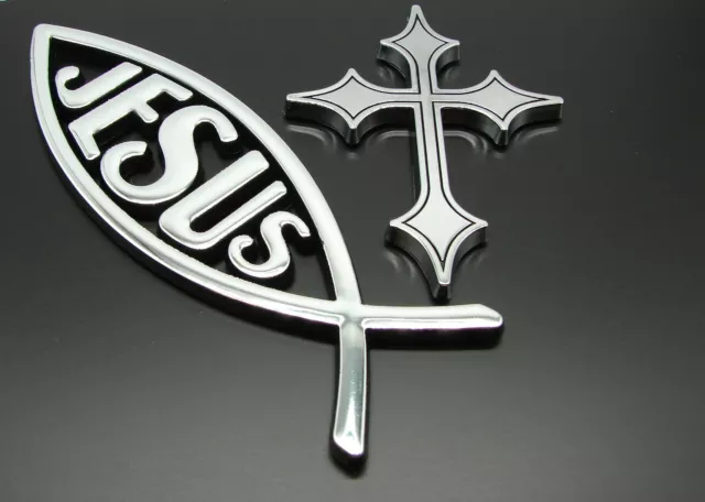 CHRISTIAN HOLY CROSS and JESUS FISH 3D CAR EMBLEM SET (2) STICKER DECAL ichthys
