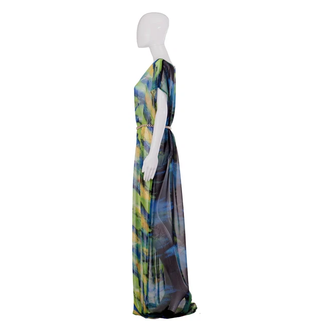 abito donna estivo griff alta moda couture caftano curvy lungo chiffon verde set 3