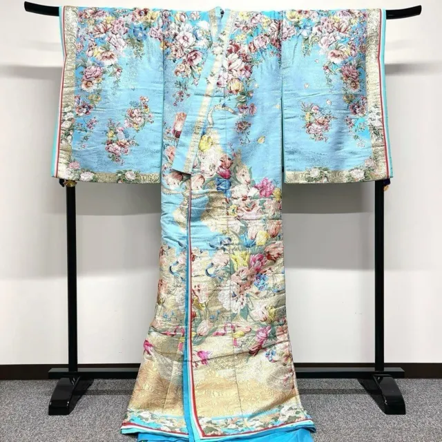Kimono Uchikake Flower pattern ribbon Light blue Wedding reception pure silk  JP