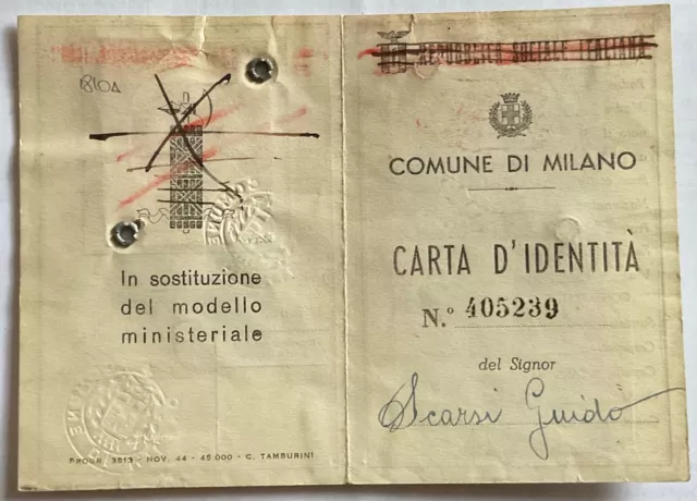 Rsi Comune Di Milano Carta D’identità 1945 Tessera Repubblica Sociale Italiana