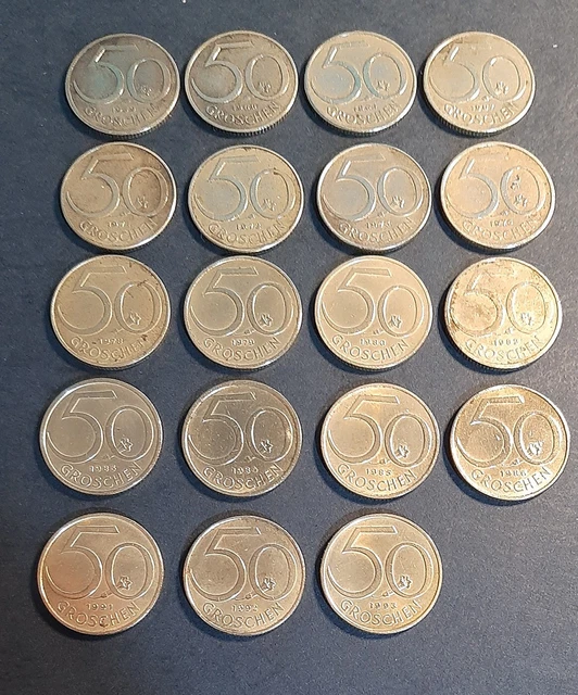 Austria, Österreich big lot of 19 circulated copper coins 50 groschen 1959-1993