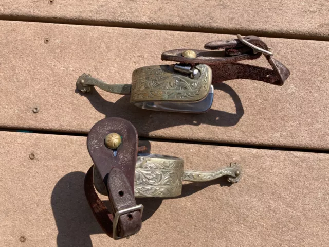 Vintage Western Spurs Engraved Cowboy w/Straps
