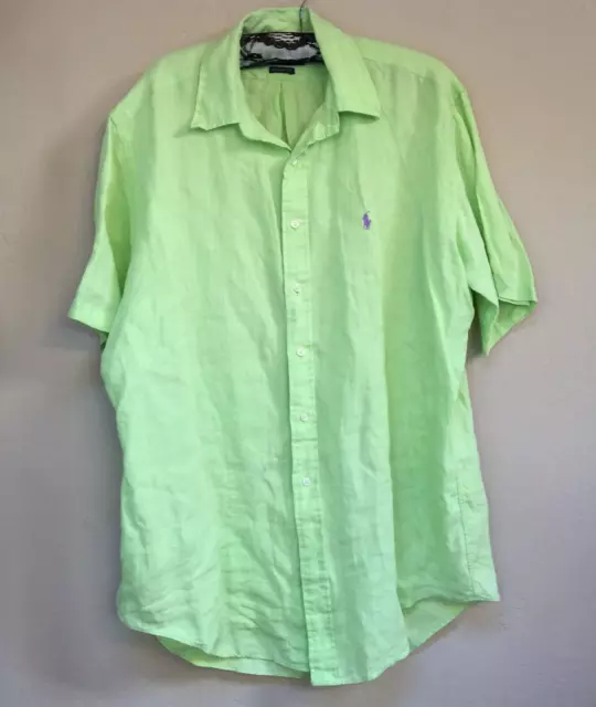 Ralph Lauren Men's Large Classic Fit Button Up Linen Short Sleeve Shirt Green