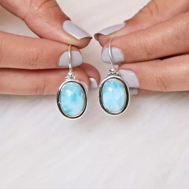 Natural Larimar Gemstone 925 Sterling Silver Handmade Ethnic Earring-1.30"