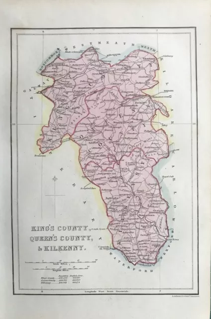 1841 Antique Map; Counties of Kilkenny, Laois & Offaly, Ireland