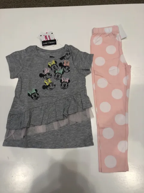 NWT Disney Junior Minnie Mouse 2 Piece Short Sleeve Shirt Leggings Pink Size 4