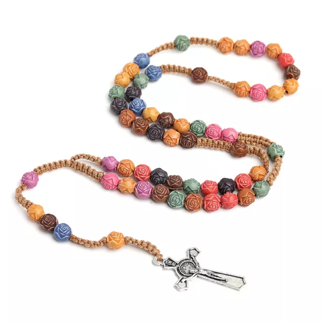 Colorful Rose Beads Cross Rosary Long Pendant Necklace Handcrafted Jesus