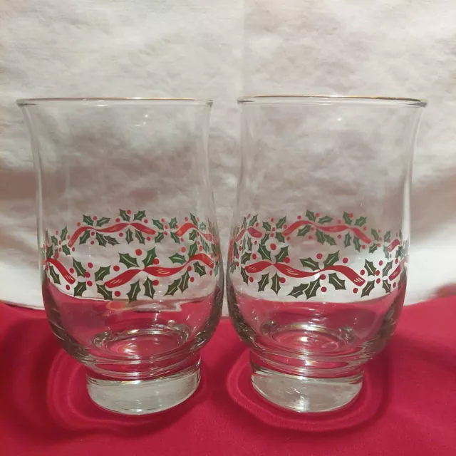 Vtg Set Of Libbey Christmas Holly Berry Hurricane Holiday Glasses Gold Rim