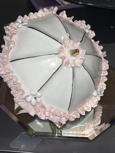 Rare Italian Porcelain Capodimonte Umbrella Figurine White & Pink With Gold