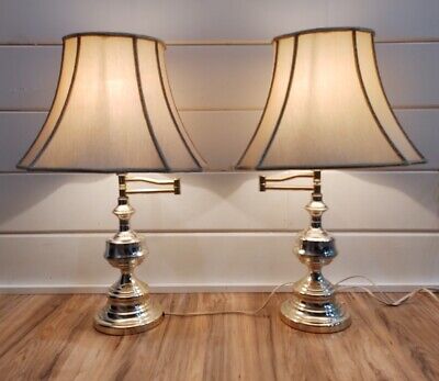 Pair Of Vintage Brass Swing Arm Bedside Table Reading Lamps W/Shades Excellent