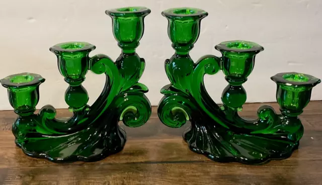 Cambridge RARE  Emerald Green Caprice 3 Light Candlestick Glass Candelabra Pair