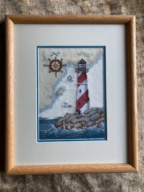 Vtg Lighthouse Embroidered Framed Beach House Nautical Decor