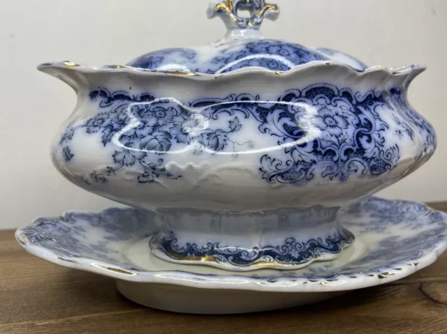 Vintage Ford & sons ceramic blue and white floral ornate serving dish with plate 3