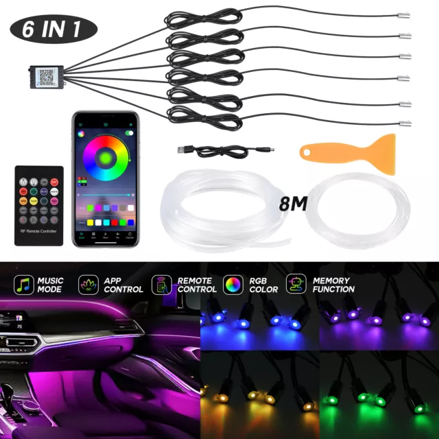 6in1 8M LED Fiber Optic Light Strip APP Remote Car Interior Ambient Lamp RGB USB