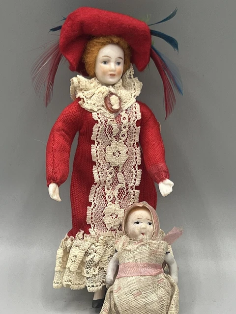 Vtg Bisque Dollhouse Dolls - Woman Victorian Dress & Feather Hat & Jointed Baby