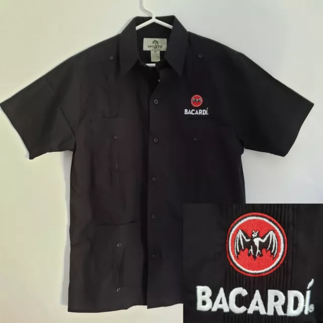 BACARDI Rum Shirt Medium Mens Black Guayabera Bat Logo Mojito New With Tags
