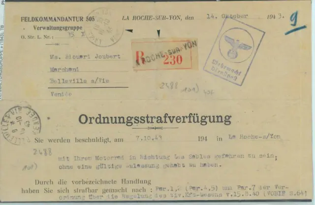 84070 - GERMANY  - Postal History - FIELD MAIL Feldpost  sent REGISTERED  1943
