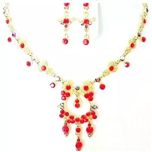 Parure Mariage Bijoux Femme Métal Rhodié Ton Or Cristal Rouge et Multicolore