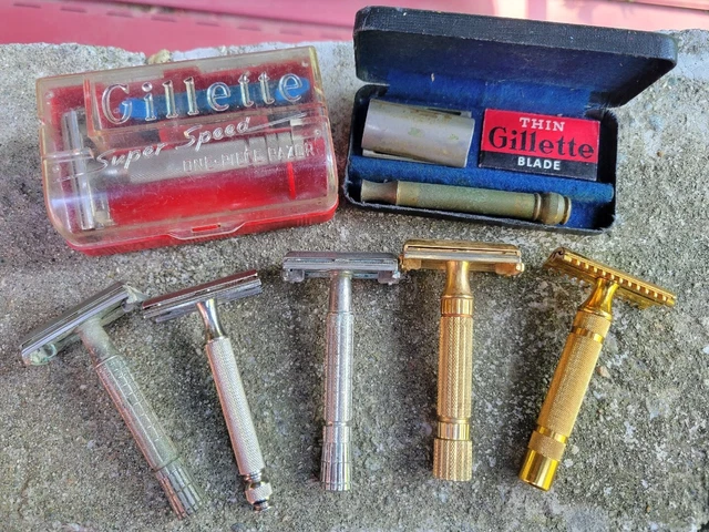 OLD VINTAGE GILLETTE  ADJUSTABLE SAFETY RAZOR Lot In Case Out Open Comb Mix All