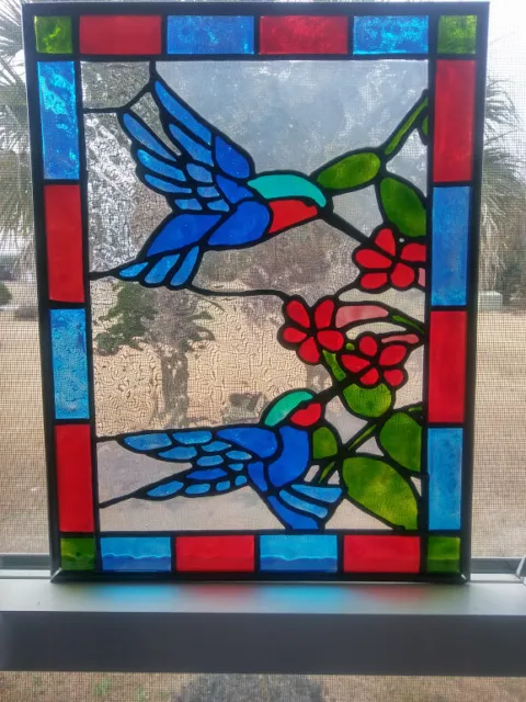 Hummingbird Stained Glass Window Panel Hand Painted