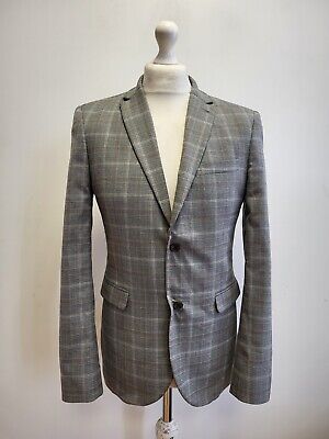 Jj981 Mens Next Grey Check Skinny Fit 2 Piece Suit Jacket & Trousers W30 L31 C38