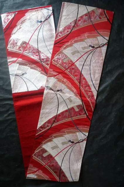 Japanese Kimono OBI FUKURO Silk Woven Vintage Woman Belt Sash Red Silver Decor