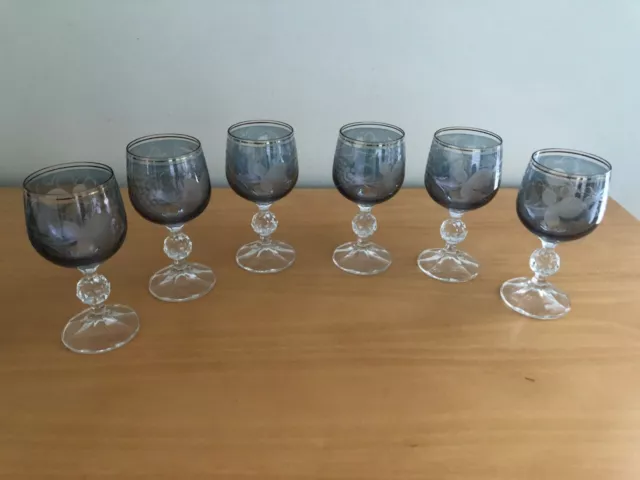 Set Of 6 Stunning Vintage Bohemia Czech Cut Crystal Blue Wine Glasses