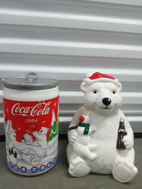 1998/2004 Coca Cola Soda polar bear Cookie Jar Lot (2) * Cracked* Ceramic