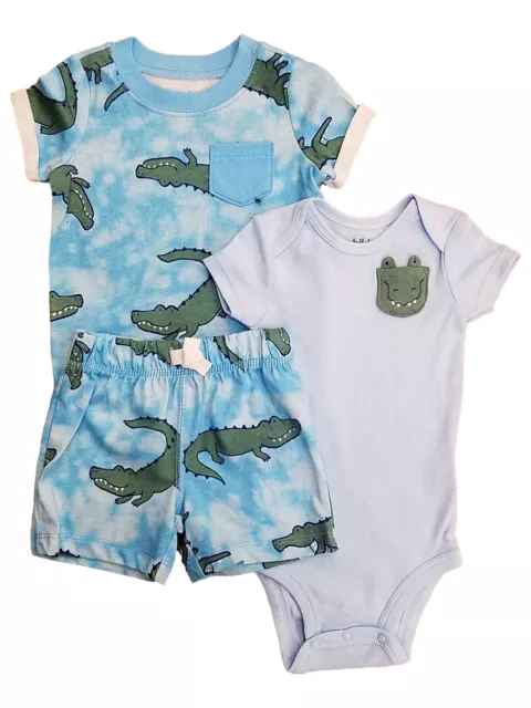 Carters Infant Boys 3Pc Outfit Blue Alligator Bodysuit, Shirt & Shorts Set