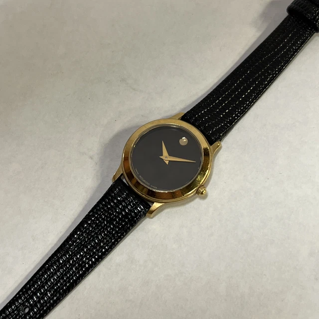 Custodia oro quadrante nero donna Movado 87-E4-0814, usata con batteria nuova