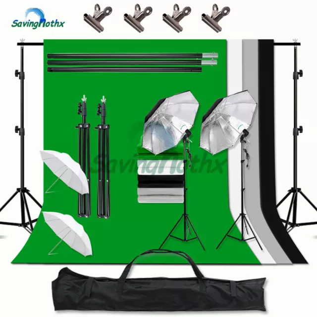 Photo Studio Umbrella Lighting KIT Green Screen 4X Backdrop Support Stand SET-AU