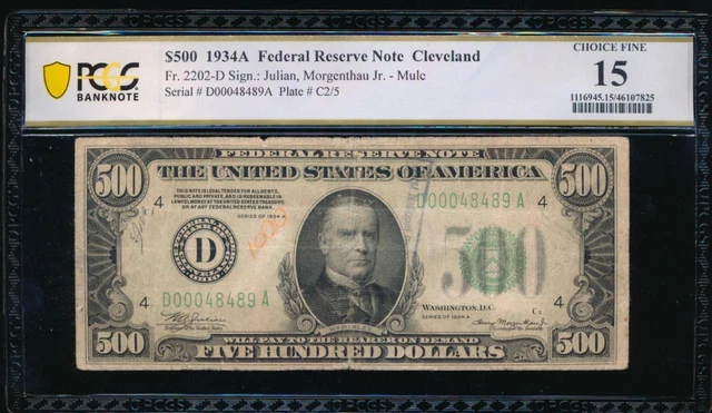 AC 1934A $500 FIVE HUNDRED DOLLAR BILL Cleveland PCGS 15 comment