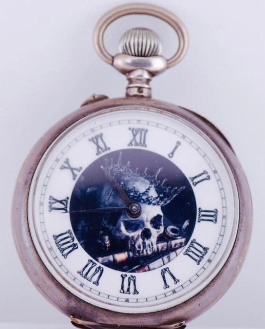 ANTIQUE GOTHIC MEMENTO MORI Silver Pocket Watch-Fancy Enamel Skull Dial ...