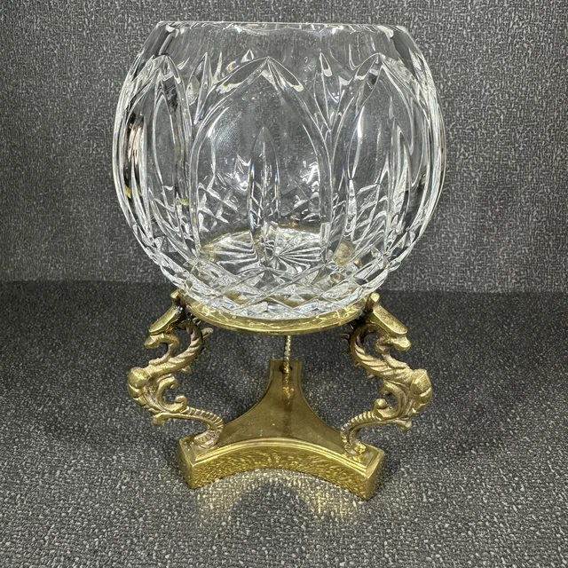 Vintage Crystal Rose & Votive Candle Bowl Dragon Seahorse Design Brass Stand