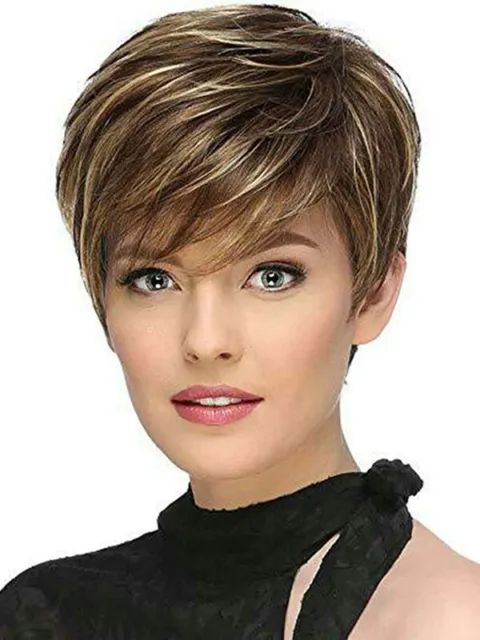 Brown Blond Short Hairstyles Women's Natural Straight 100% Human Hair Wig 6 Inch